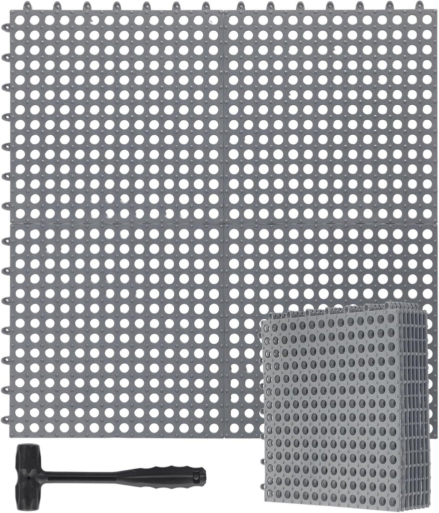 12 Pack Drainage Tiles Modular Interlocking Floor Tiles with 1 Pc Plastic Hammer 12" x 12" Cushion Mat Non Slip Rubber