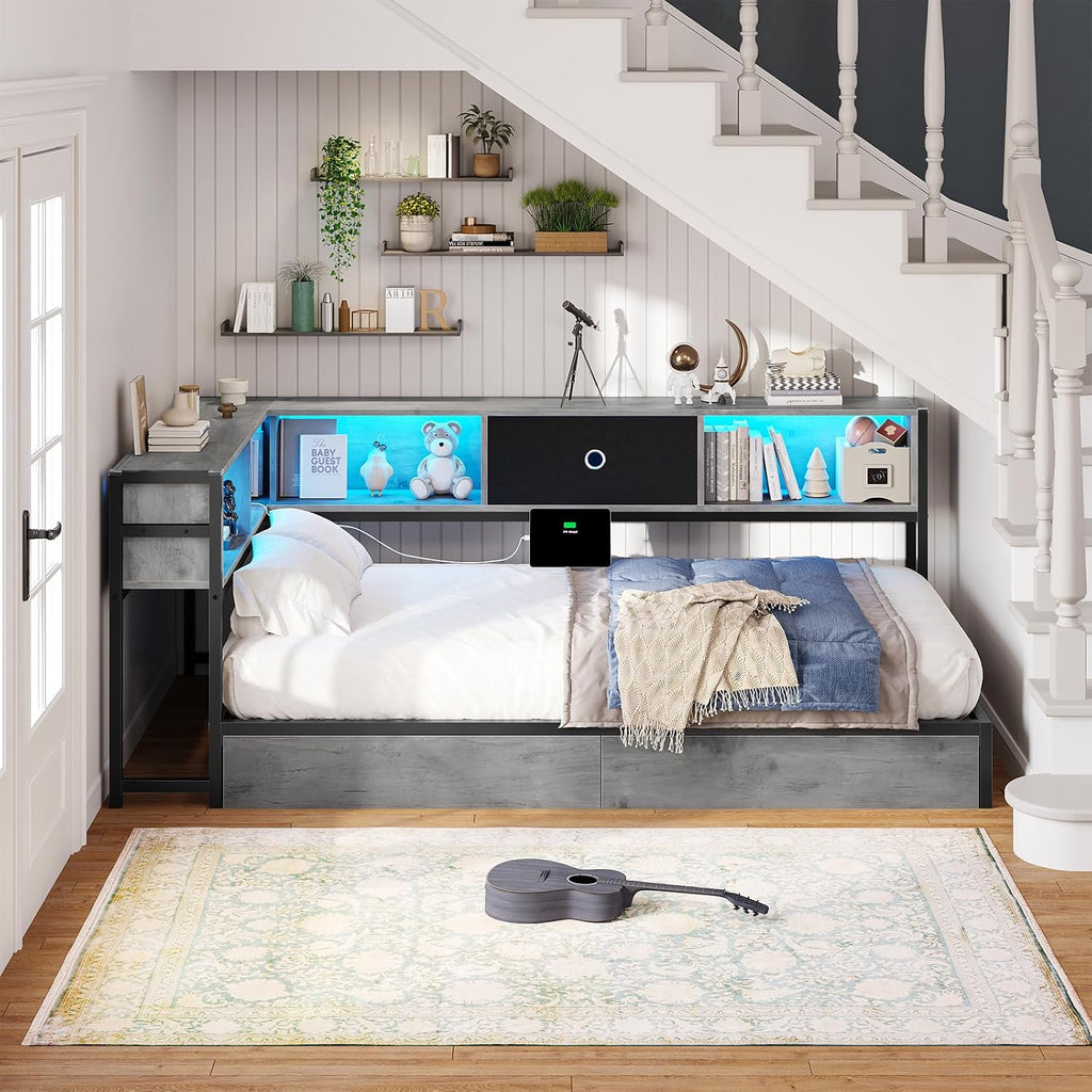 Twin Corner Bed Frame with Storage Drawers and Bookcase Headboard, Twin Size Metal Platform Corner Bed Frame with