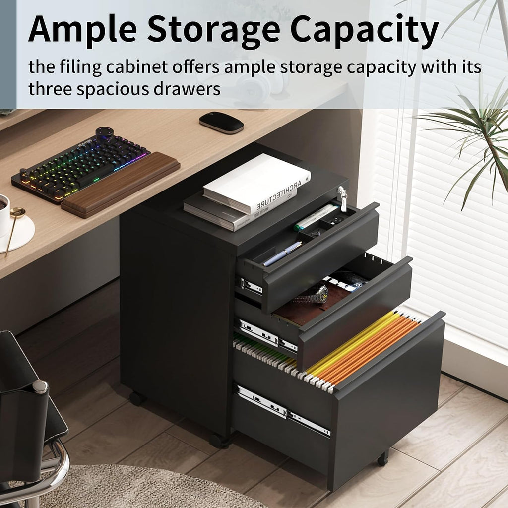 3 Drawer File Cabinet , Under Desk Mobile Filing Cabinet with Lock for A4-Size/Letter-Size/Legal-Size, Black (HSEJ-3D)