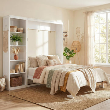Space-Saving White Murphy Bed Queen with Adjustable Storage Shelves, Multifunctional Foldable Wall Bed for Small