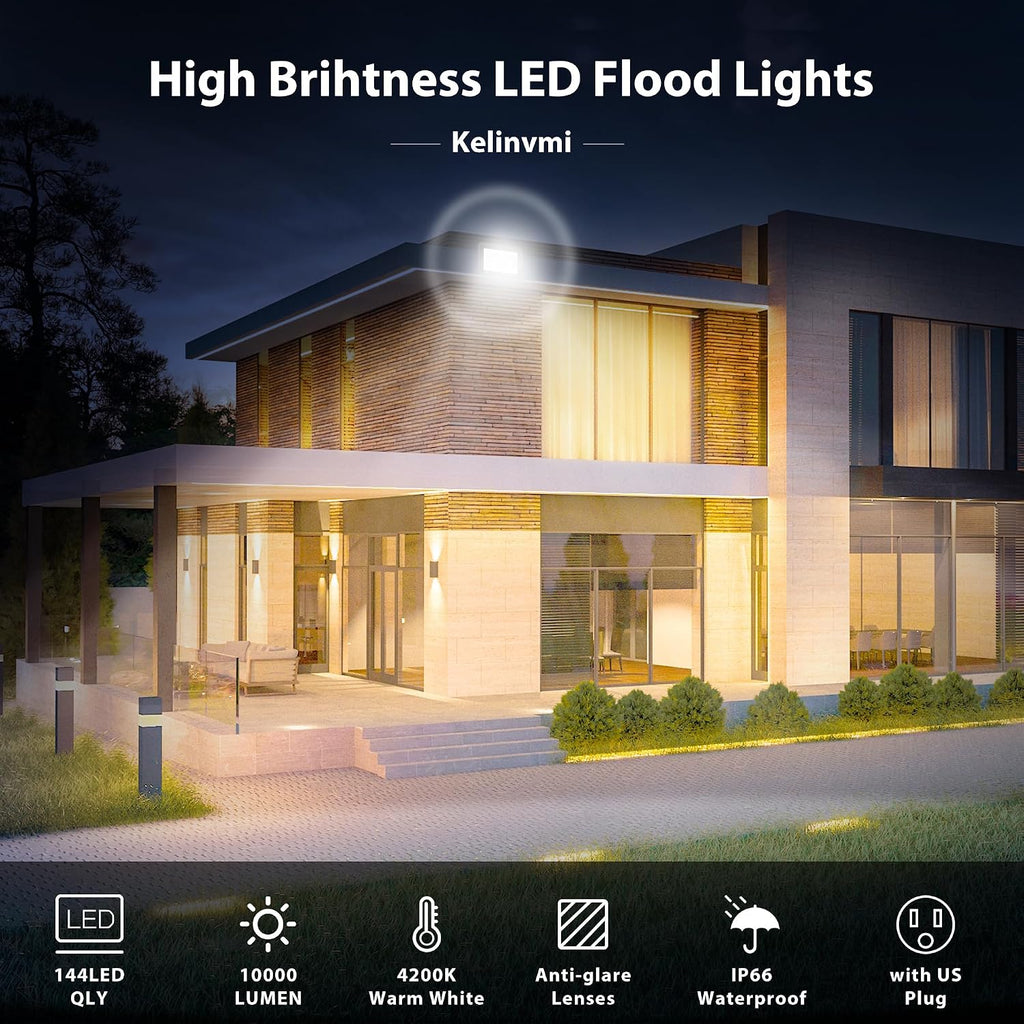 100 W Outdoor LED Floodlight, 10000 lm LED Floodlight, 4200 K Warm White IP66 Waterproof Outdoor Lighting for Garden