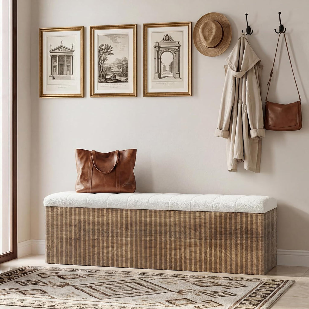 Upholstered End of Bed Storage Bench, 63" Farmhouse Wooden Entryway Bench with Cushion, Padded Ottoman with Shoe