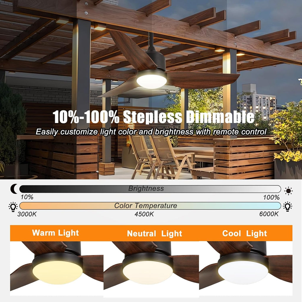 42 Inch Waterproof Gazebo Fans with Lights Outdoor Hanging - Plug in Remote App Control for Patio Indoor Farmhouse Porch - 6 Speed Reversible DC Motor Walnut