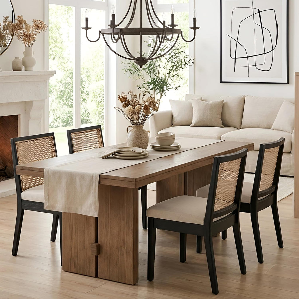 Upholstered Dining Chairs with Square Rattan Back, Armless Padded Linen Cream Cushion Dining Chairs with Wood Legs