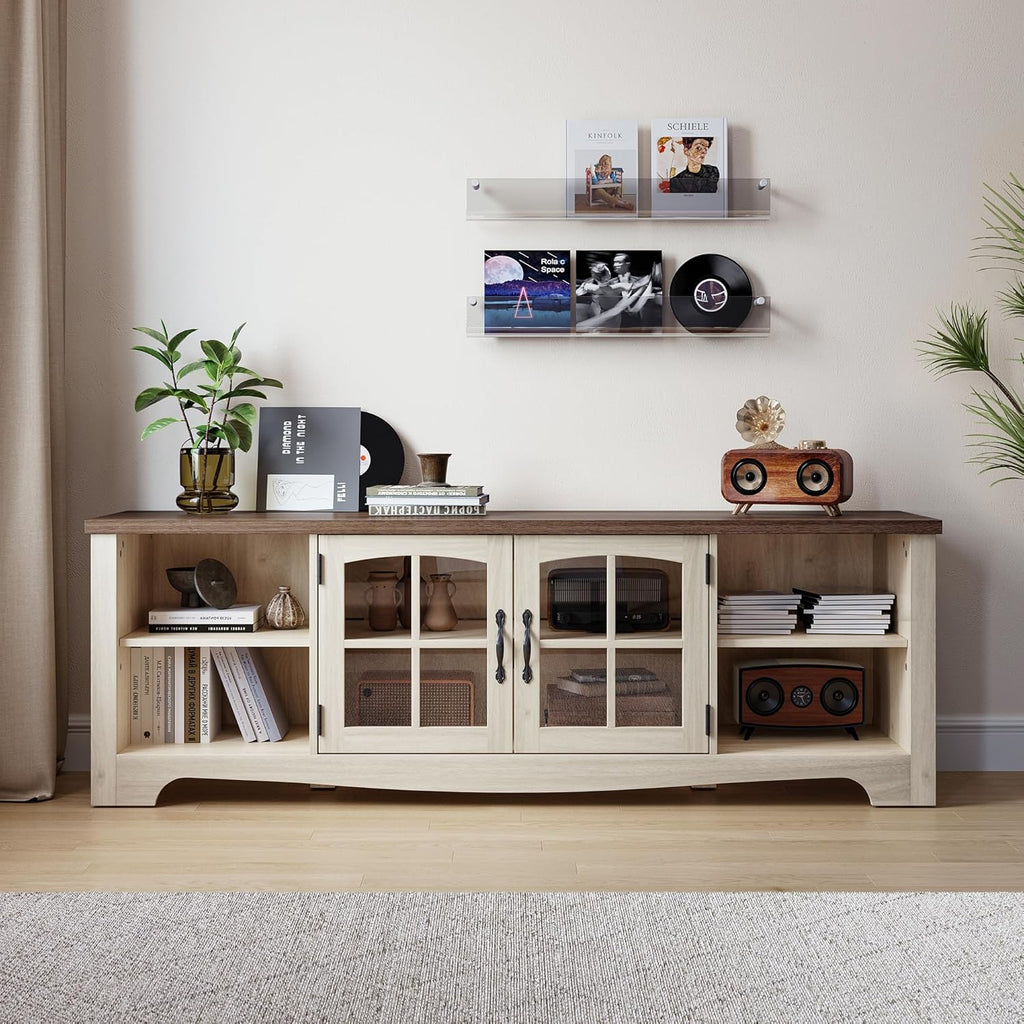 TV Stand for 75 Inch TV, Modern Farmhouse Entertainment Center with Storage Cabinets and Glass Doors, Tall Media