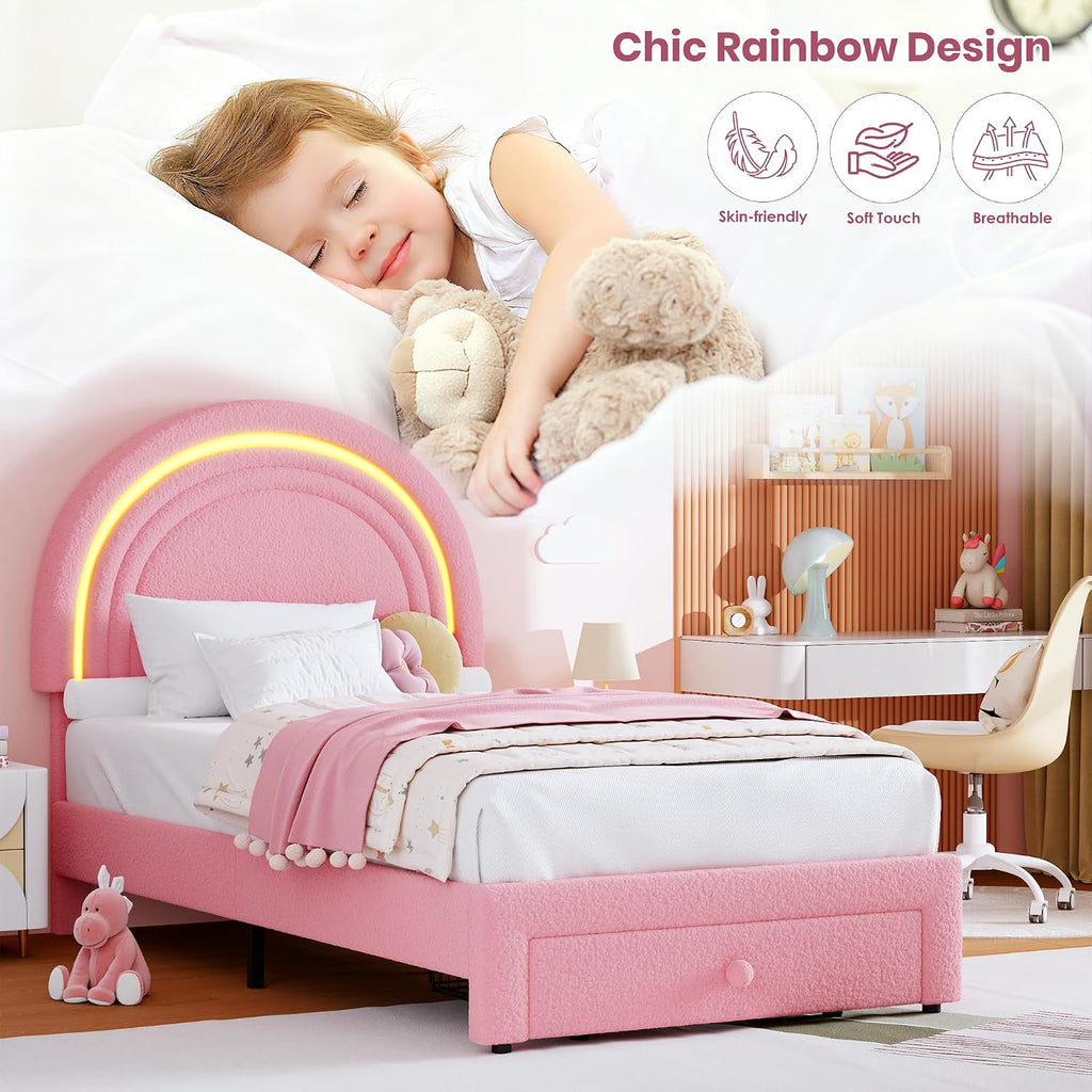 Twin Upholstered LED Bed Frame - with Storage Drawer and Rainbow Headboard, Berber Fleece Princess Platform Bed for