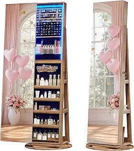 360° Rotating Full Length Mirror Jewelry Cabinet with Sliding Door, Led Lighted Lockable Jewelry Armoire Organizer,