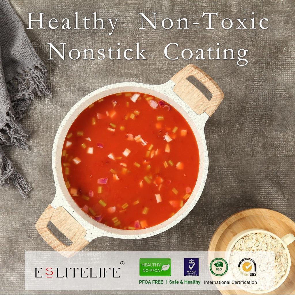 Nonstick Stock Pot with Lid, 5 Quart Granite Casserole Large Soup Pot Pasta Cooking Pot, Induction Compatible, PTFE &