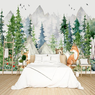 Kids Animals Forest Wallpaper Peel and Stick Nursery wall Mural Living Room - 85"x118"