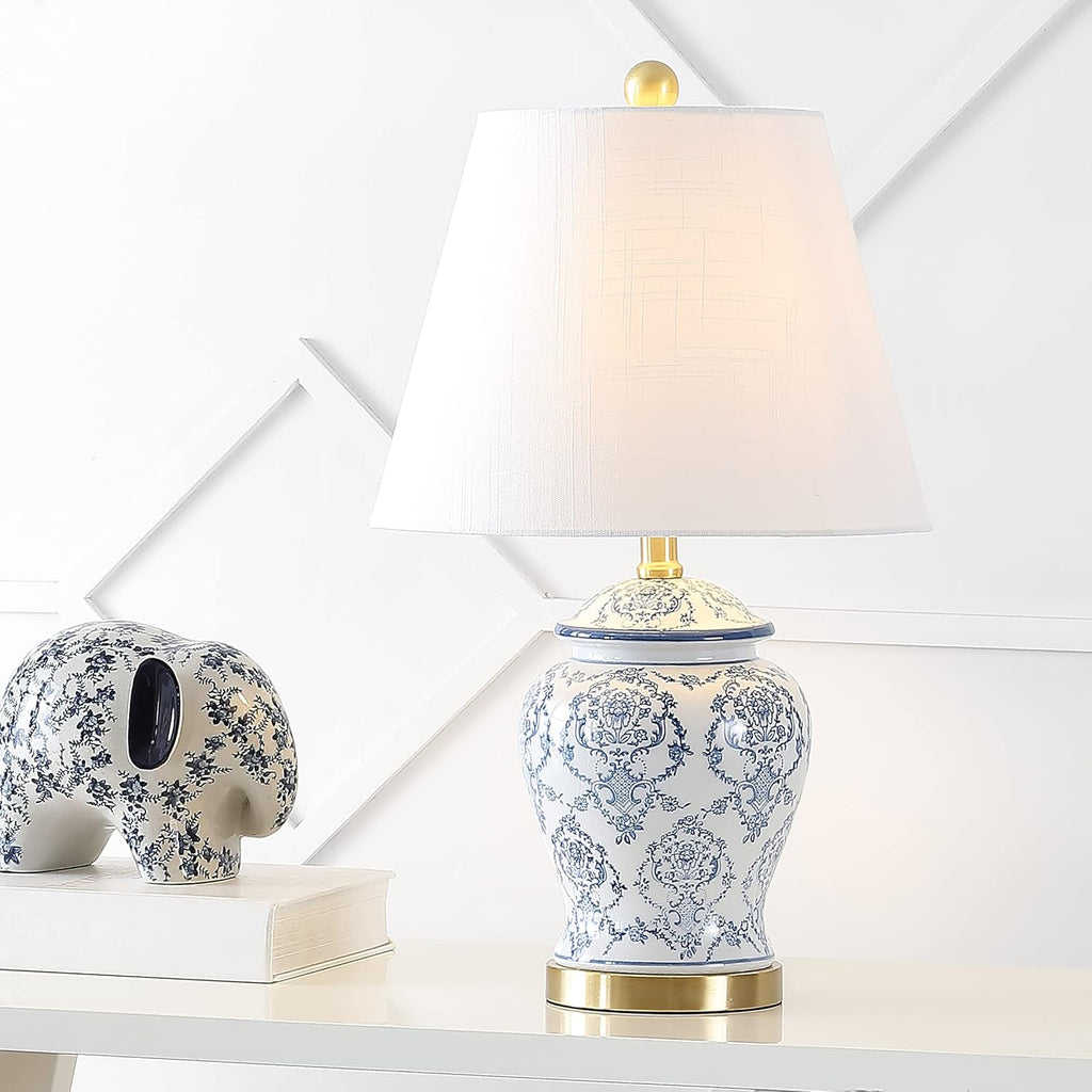 22.25" Blue/White Chinoiserie Ceramic Urn Table Lamp, Traditional Classic Nightstand Lamp Bedroom, White Linen Shade