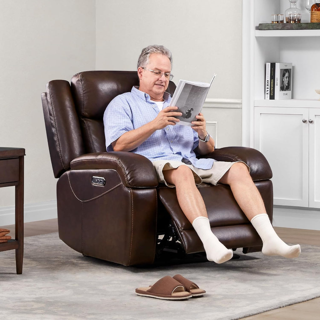 Genuine Leather Power Recliner Chairs for Adults, Wall Hugger RV Recliner with Power Headrest & Charging Ports