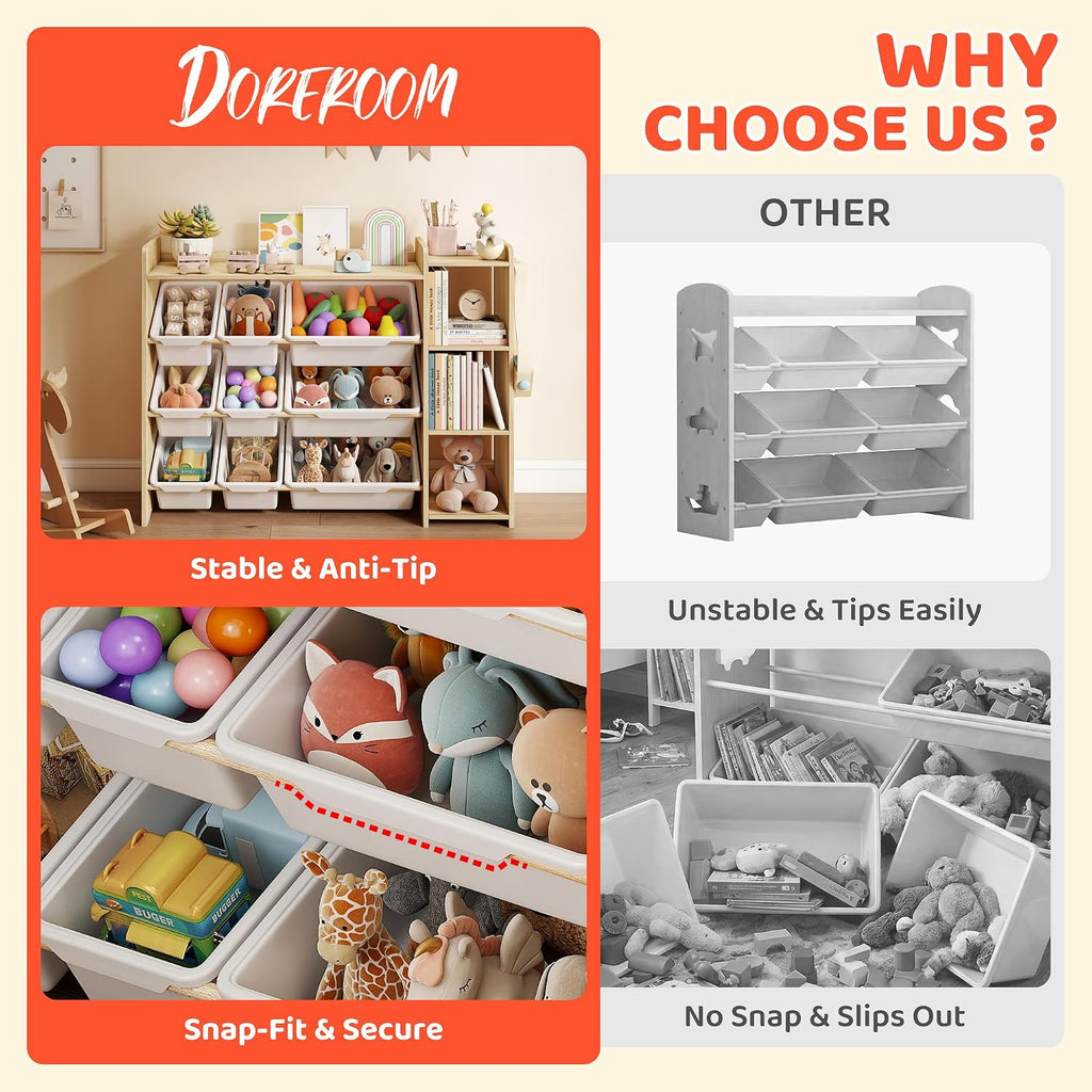 Toy Storage Organizer with Bookshelf, Kids Toy Storage and Organizers with 3 Shelves/9 Bins/3 Hooks, Bin Shelf, Toy