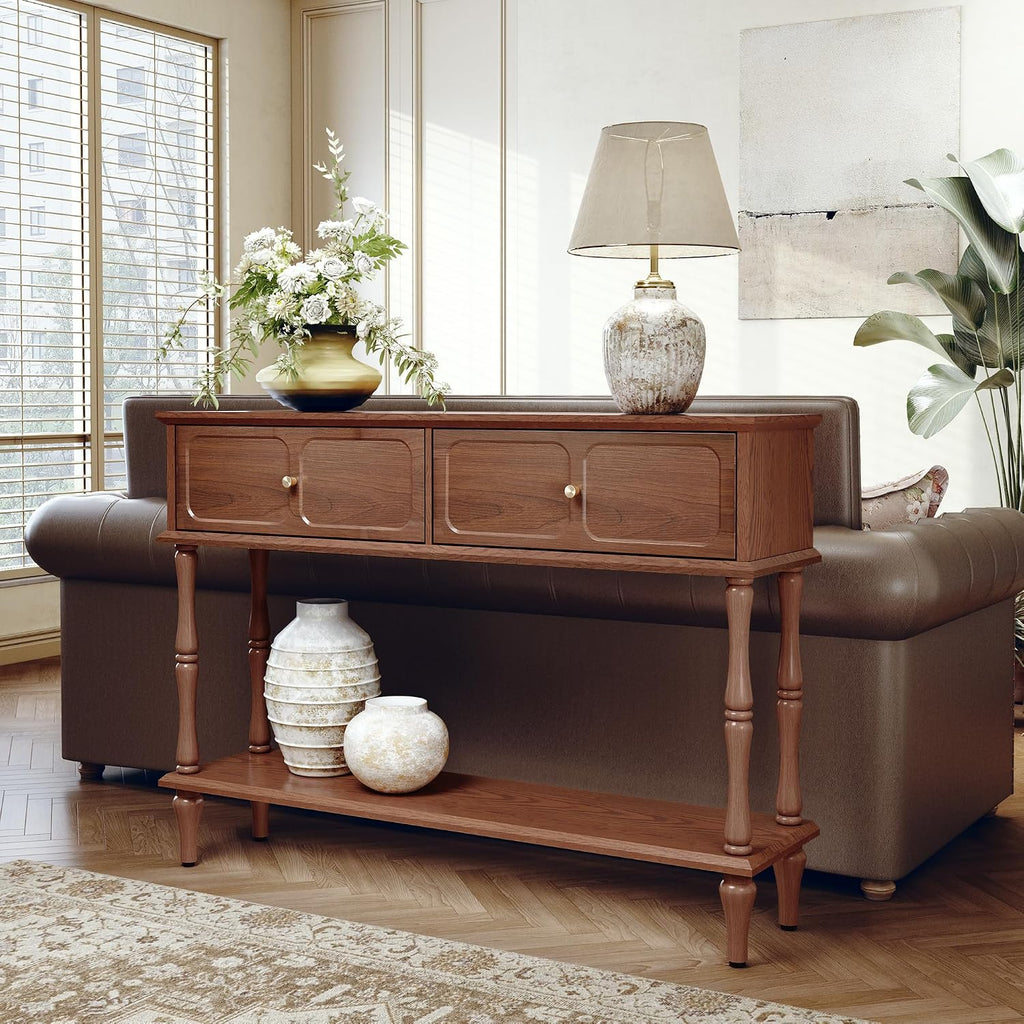 Console Table with Drawers , Mid-Century Entryway Table with Storage, Brown Narrow Entryway Table with Open Shelf