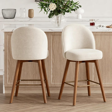 Modern Swivel Bar Stools Set of 2, Chic Upholstered Counter Height（26IN） Bar Chair with Back, Solid Wood Legs