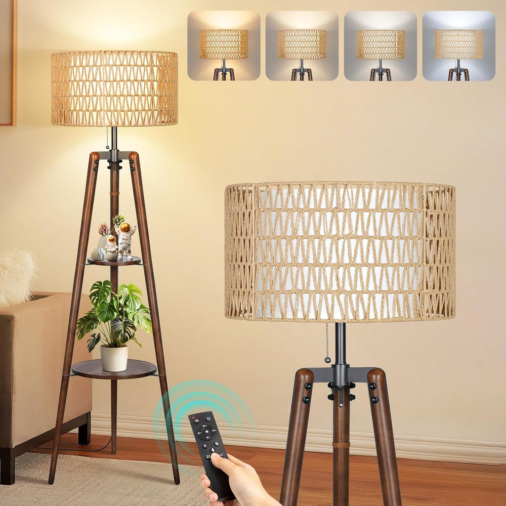 Boho Rattan Tripod Floor Lamp with Shelves, Dimmable Mid Century Modern Standing Lamp with Remote Control