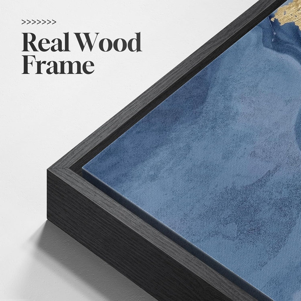 Large Framed Blue and Gold Abstract Wall Art , 3 Piece Modern Canvas Prints Paintings Artwork for Walls, Luxury