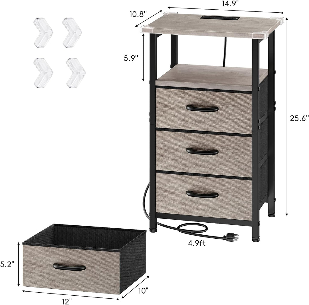 Night Stand Set 2 with Charging Station, LED Nightstand , Bedside Table with 3 Fabric Drawers, End Table Side Table