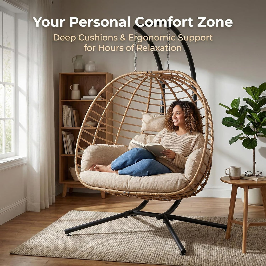 Double Hanging Egg Chair with Stand, Outdoor Patio 2 Person Wicker Hammock Swing Chairs with Cushion Loveseat for