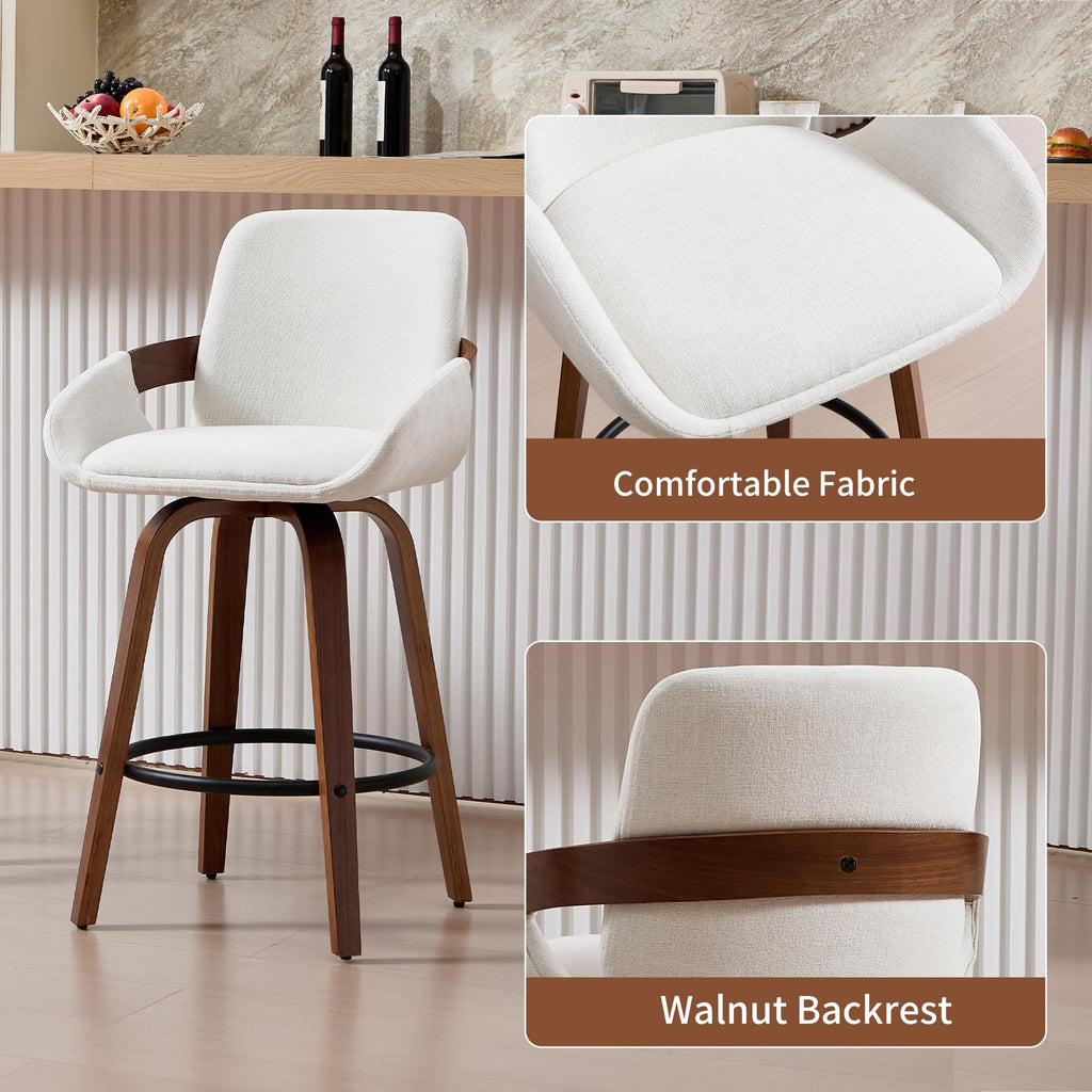 26" Swivel Counter Height Bar Stool with Back & Arms, White