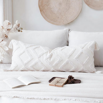 Decorative Long Lumbar Pillow Cover 14x36 Boho,Super Soft Chenille Extra Long Lumbar Pillow Case Cover with Tassel for Bed Sofa Couch Farmhouse Livingroom,White,Modern Skinny