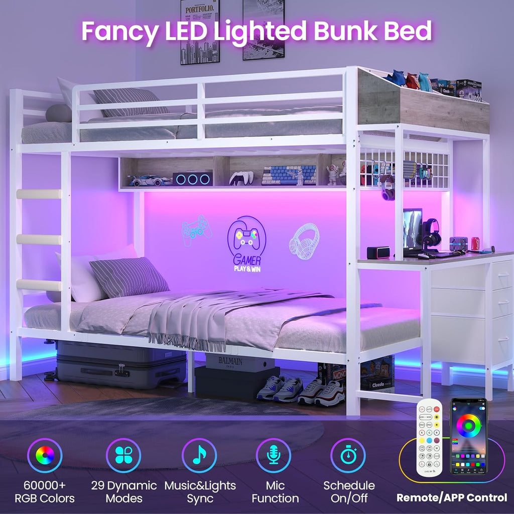 Bunk Bed Twin Over Twin with Charging Station and LED Lights