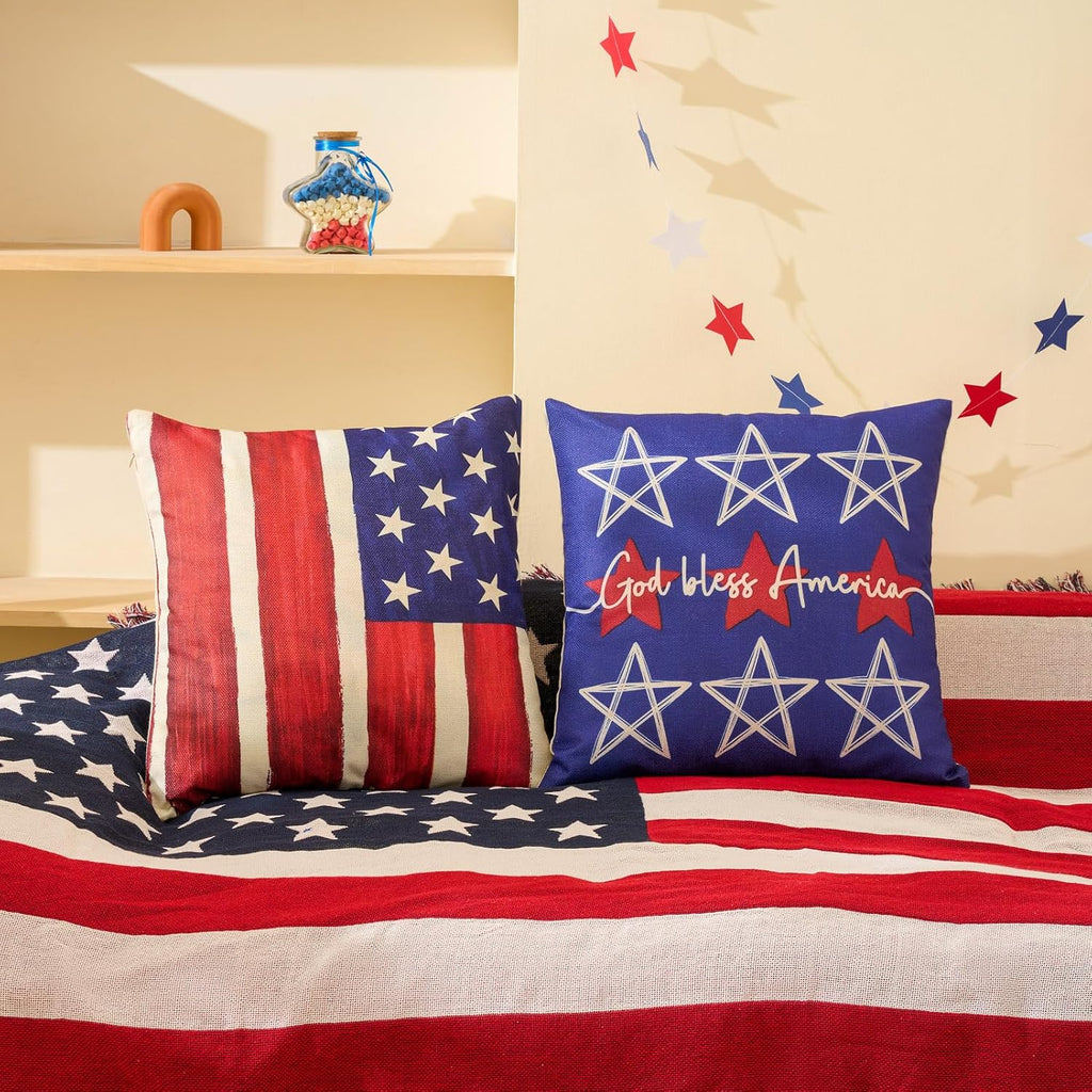 Patriotic Decor-Throw Pillow Covers 18x18 in Set of 4,4th of July Linen Pillow Case for Independence Day,Memorial