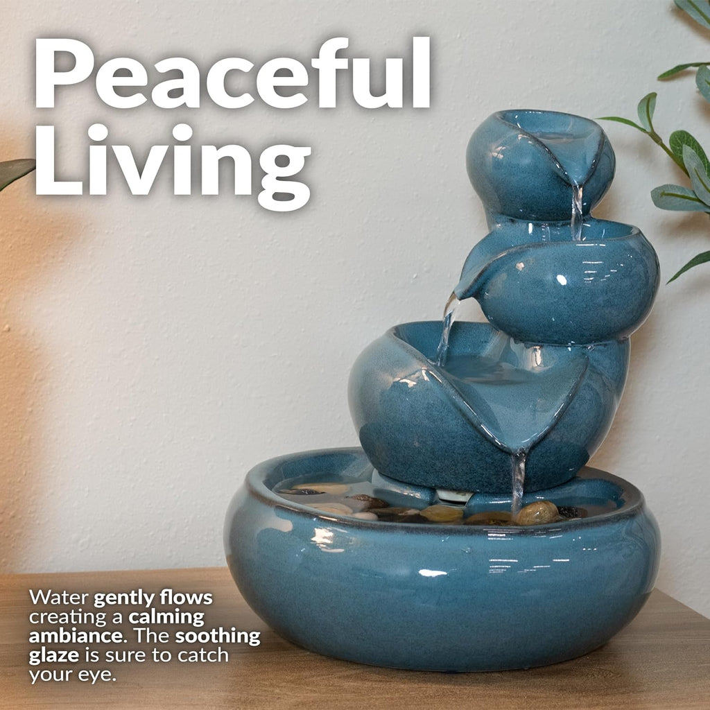 Tiered Vessels Ceramic Tabletop Water Fountain - Relaxing Indoor Fountain - Teal