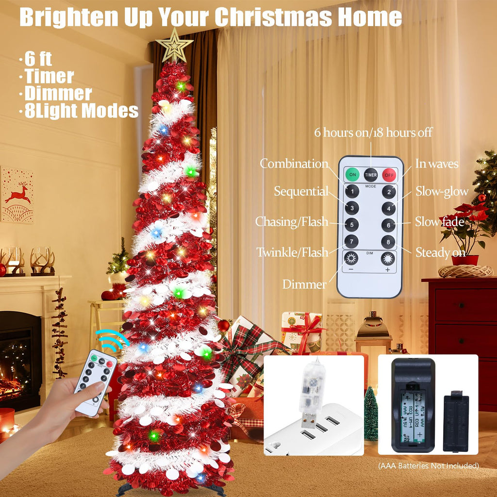 6 FT Pop Up Tinsel Christmas Tree with 100 Colored Timer Lights & Remote, Red White Collapsible Artificial Pencil