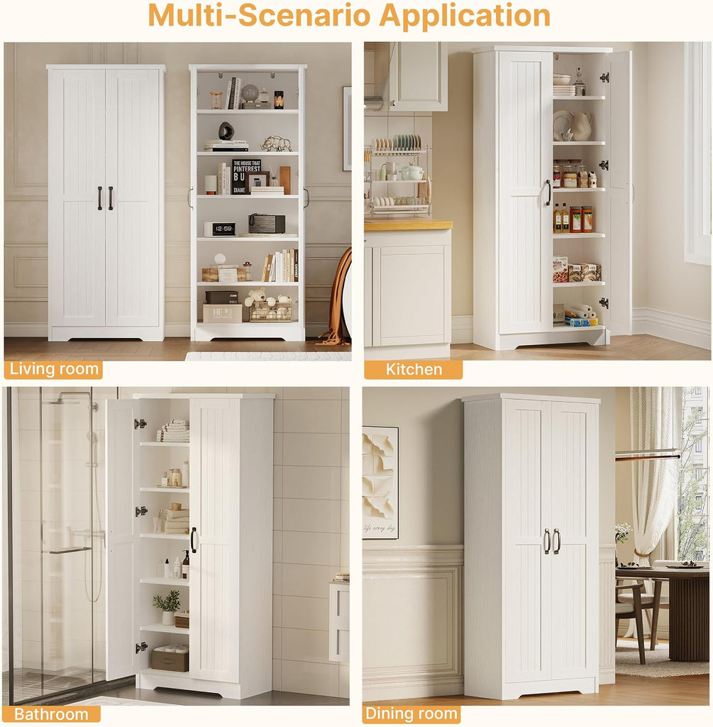 70" Tall Storage Cabinet, Large Wood Storage Pantry Cabinet with 6 Adjustable Shelves & 2 Doors, Standing Utility