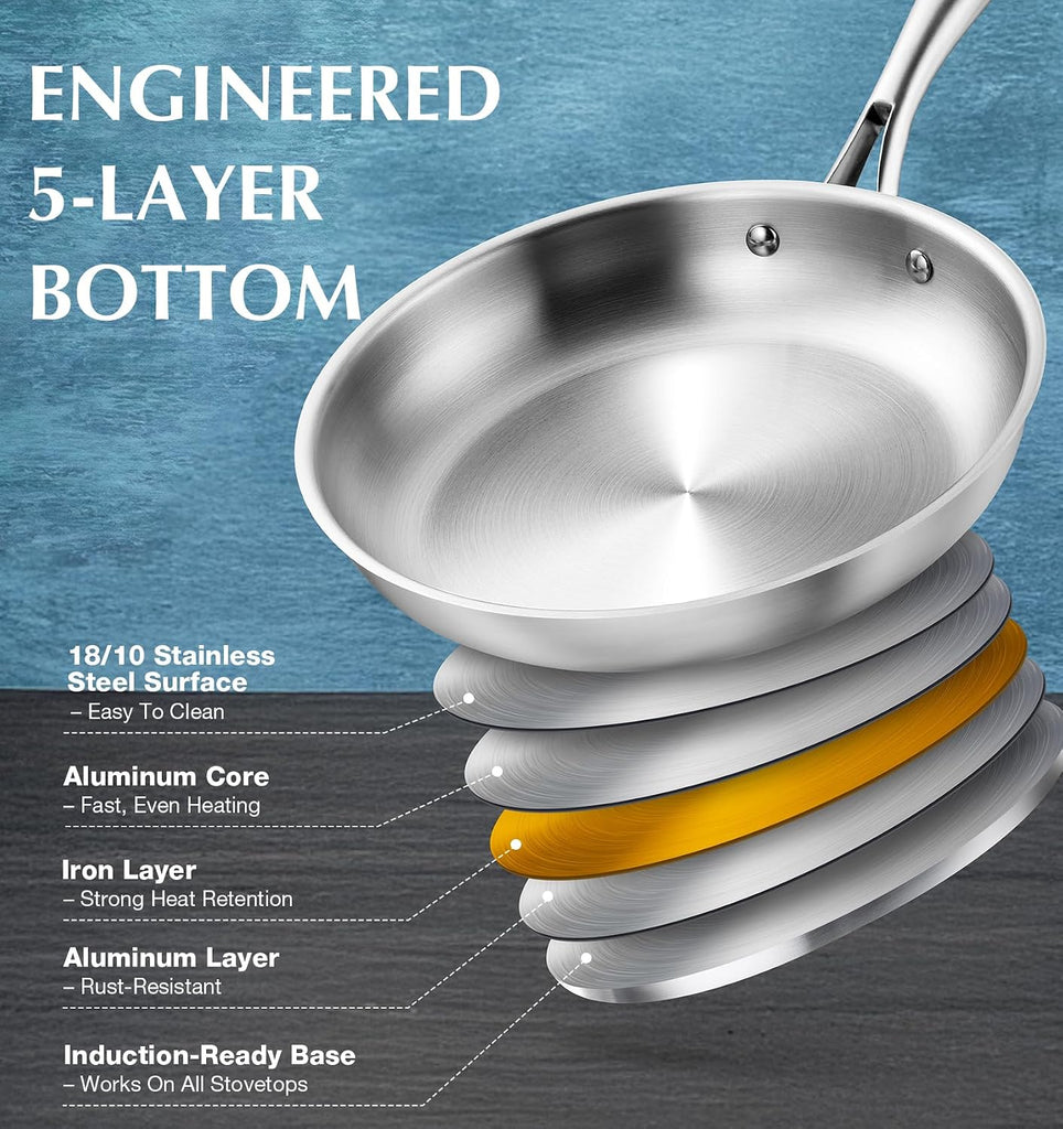 Stainless Steel Cookware Set 21 Piece with 5-Layer Base, Professional 18/10 Stianless Steel Pots and Pans Set