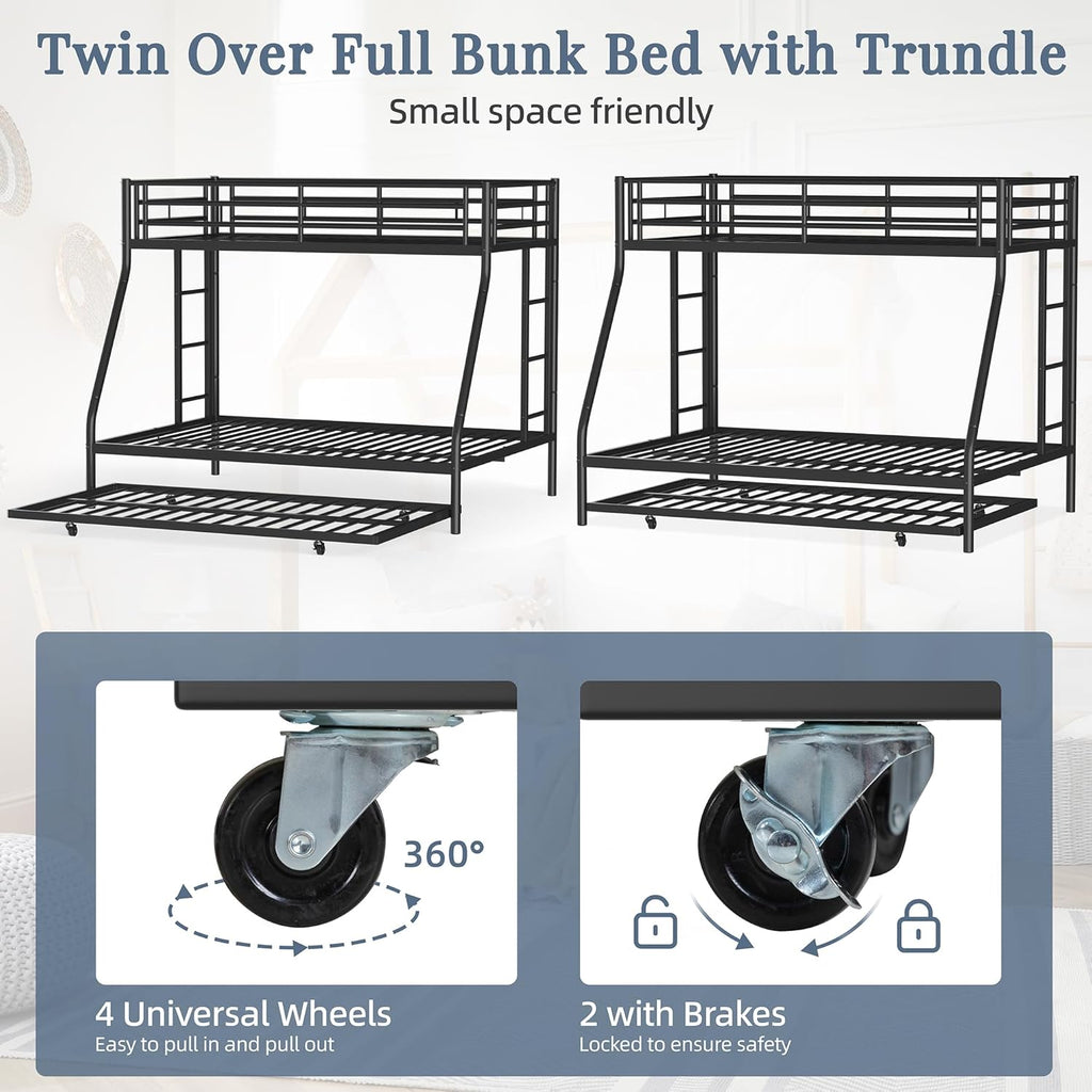 Bunk Bed Twin Over Full with Trundle, Heavy-Duty Twin&Full Frame with Full-Length Guardrail and Two Ladders