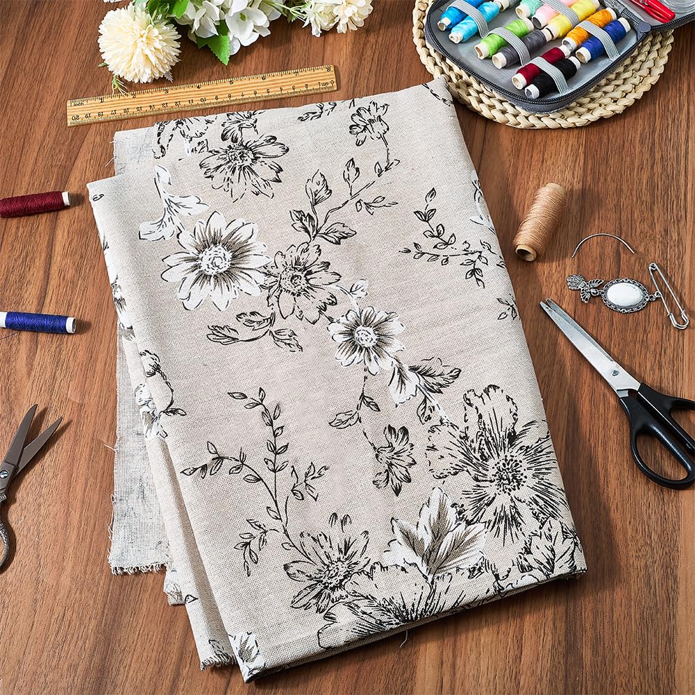 1 Yard 63 Inch Black White Floral Linen Fabric Flower Pattern Canvas Supple Breathable Needlework Embroidered Cloth