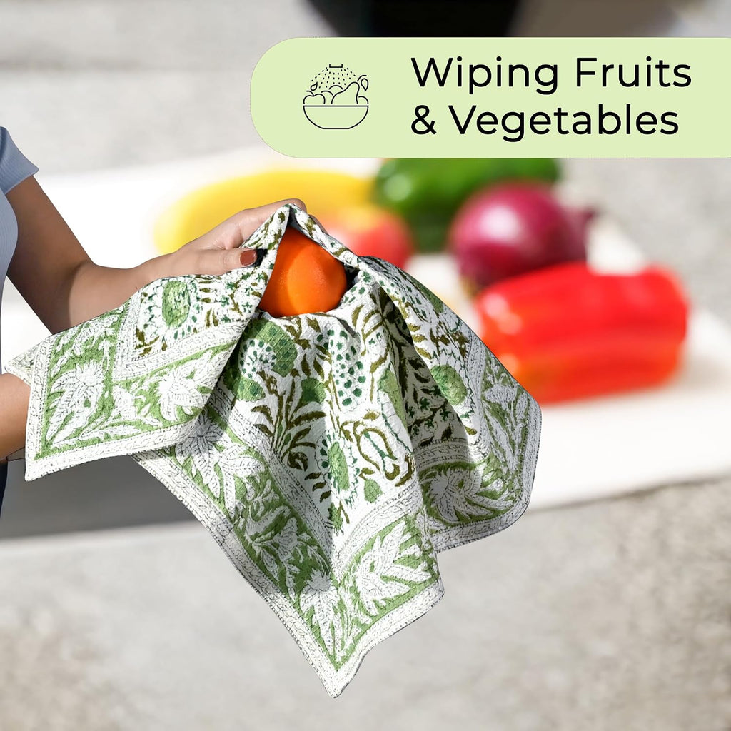 Agate Green Hand Block Print Waffle Kitchen Towel Set of 3-16 x 28 Inch Ultra Absorbent Quick Dry Cotton Dish
