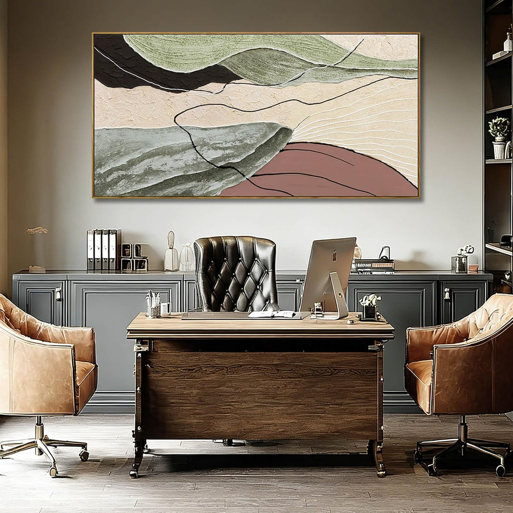 Brown Green Abstract Canvas Wall Art, Framed Beige White Painting, Neutral Black Prints Wall Decor, Artwork