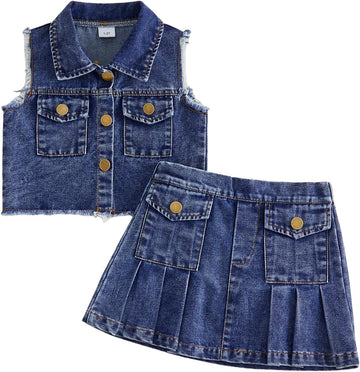 Toddler Baby Girl Denim Outfit for Kid 2Pcs Summer Fall Clothes Lapel Neck Button Up Vest Tops and Pleated Skirts Set