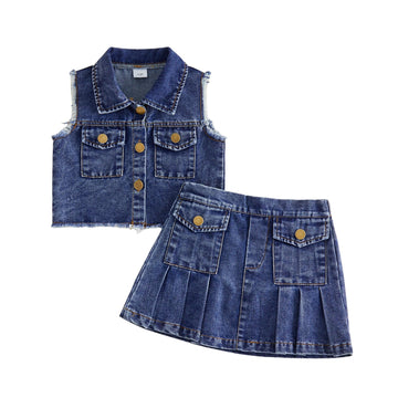 Little Girls Summer Jeans Outfits Denim Sleeveless Button Down Vest Tops Pleated Skirt Kid Toddler Waistcoat Clothes