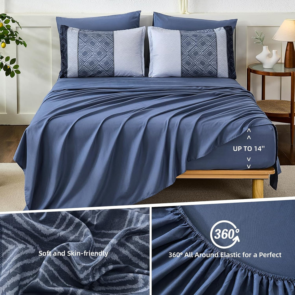 Blue Comforter Set,Striped Boho Bed in a Bag 7 Pieces Soft Fall Bedding Comforters Microfiber Mineral