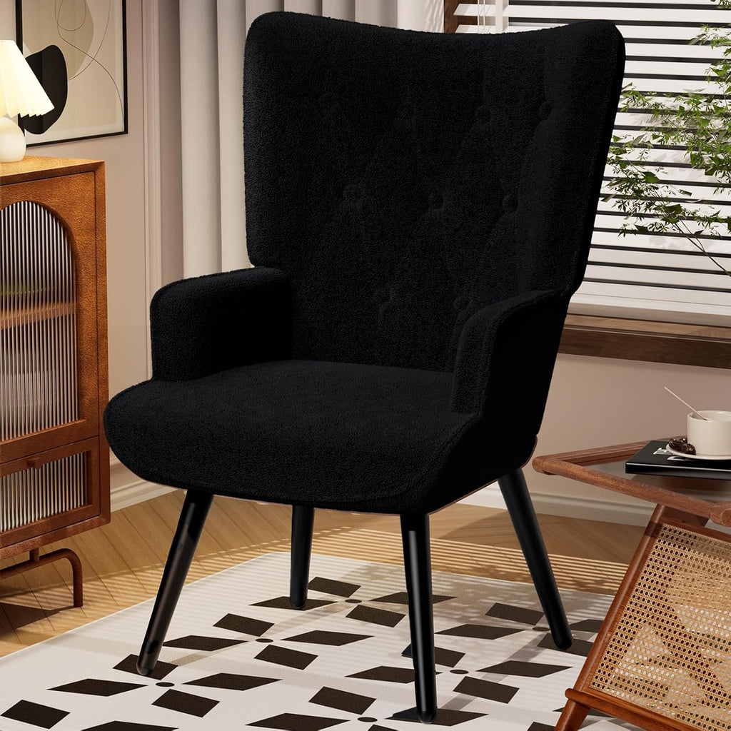 Accent Chair, Upholstered Teddy Fabric Living Room Chairs | High Back Mid Century Modern Accent Chair, Comfy Wingback