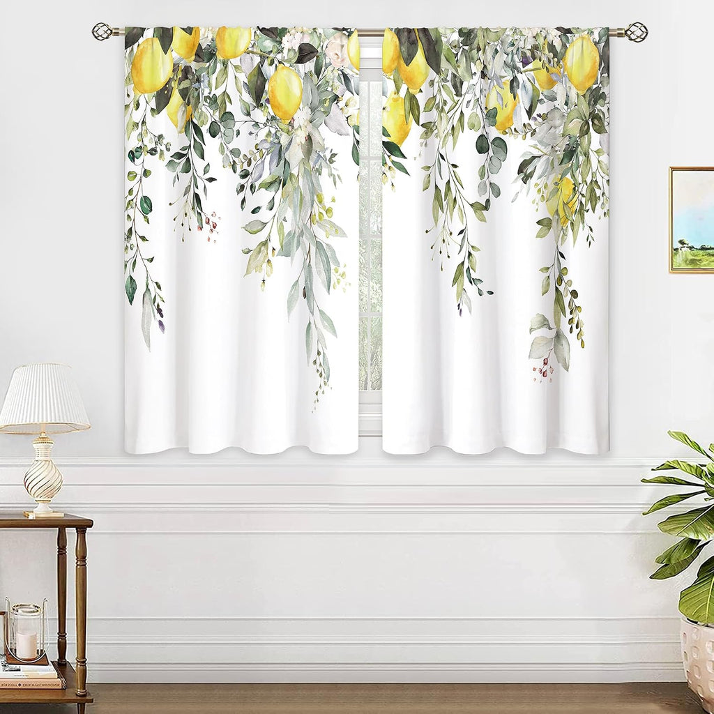 Eucalyptus Botanical Leaves Floral Kitchen Window Curtains Over Sink Boho Farmhouse Flower Leaf Small Window