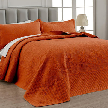 King Bedspread 132x 120, Burnt Orange Oversized King Bedspread, 3 Piece Soft Microfiber Lightweight Oversized