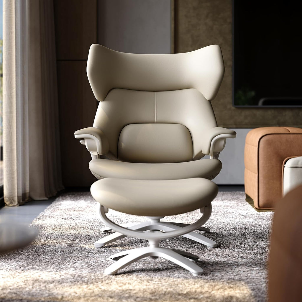 Modern Reclining Swivel Lounge Chair and Ottoman — White Genuine Leather