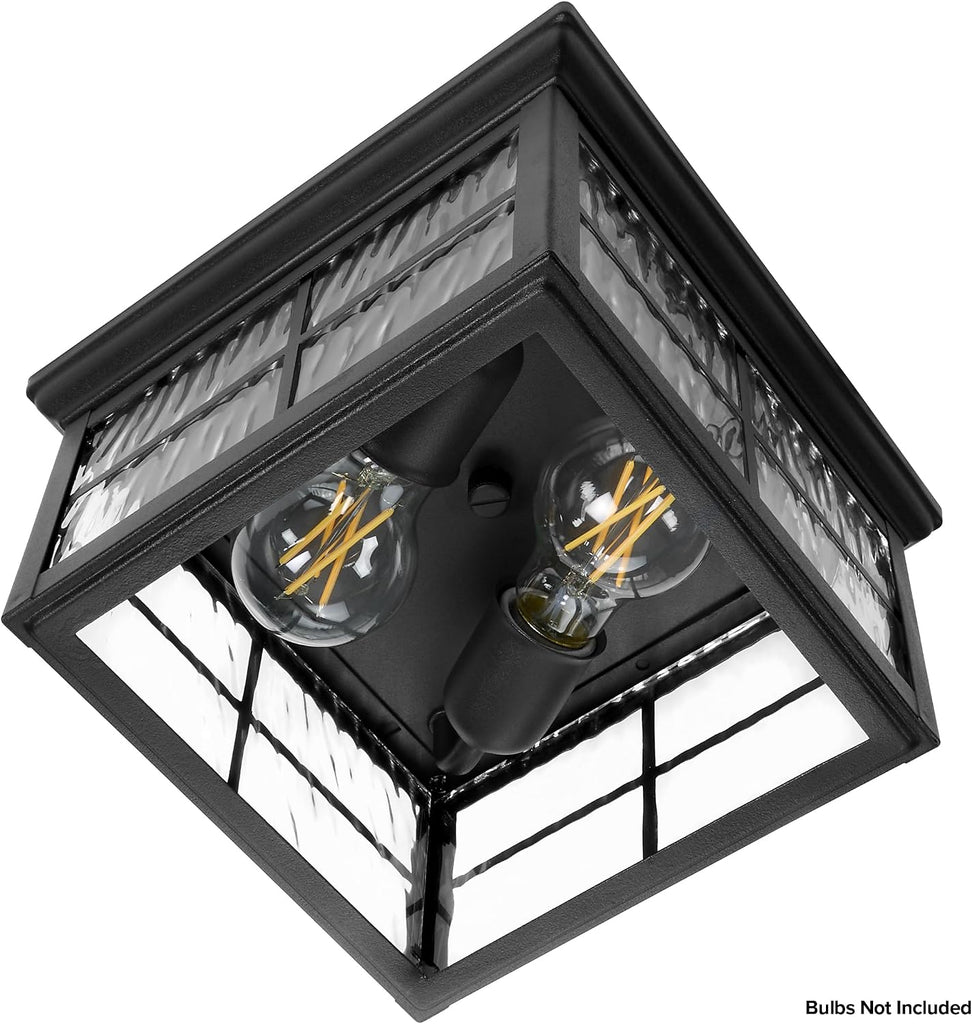 Outdoor Flush Mount Ceiling Light Fixture, Black with Water Glass | Square Farmhouse Porch or Patio Light