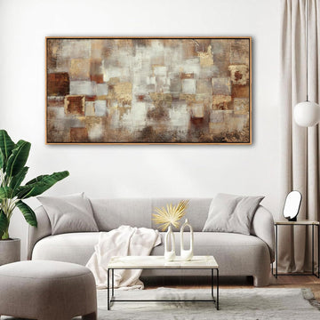 Gold Abstract Wall Art - Extra Large Canvas Wall Decor - Modern Grid minimalist Picture Artwok - Oil Painting Print