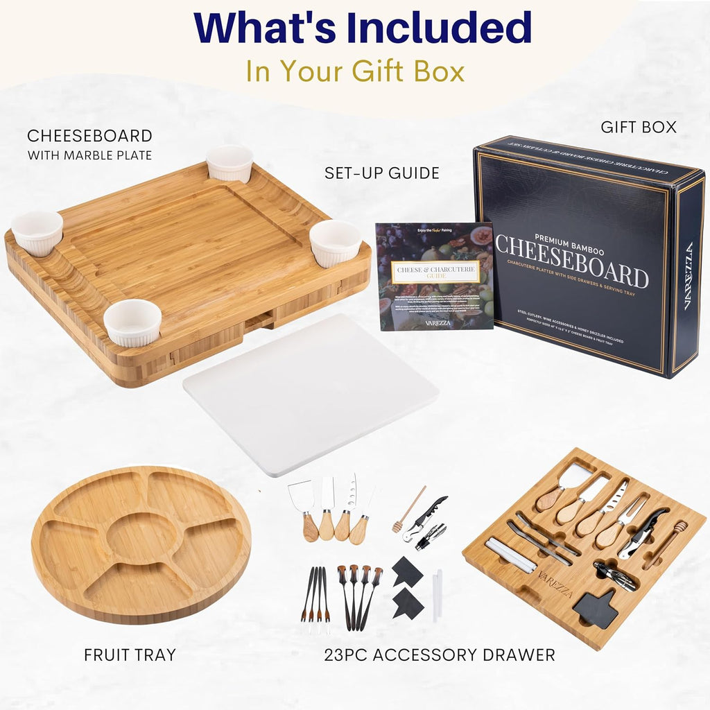 Extra Large Charcuterie Boards Gift Set: Marble Bamboo Cheese Board Set- Unique for Mom, 23 Entertaining Accessories