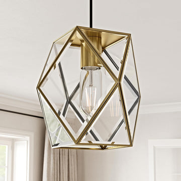 1-Light Modern Geometric Glass Pendant Light, Caged Hanging Light, Gold | Open Bottom Design, Stable Metal Frame