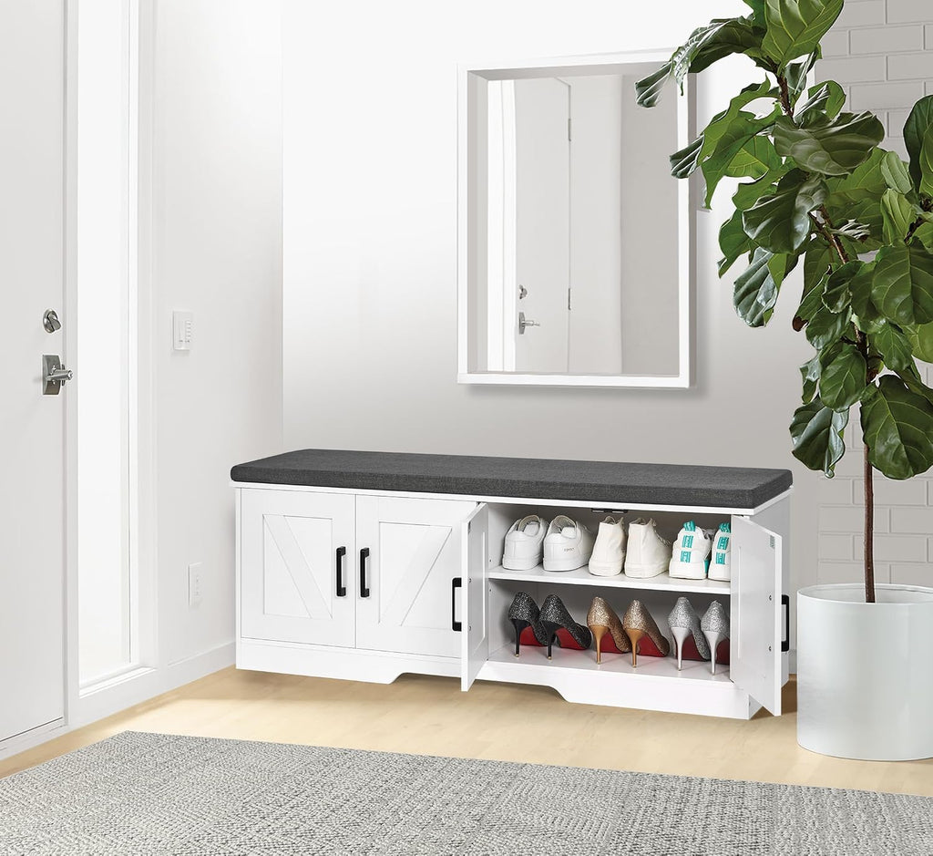 Farmhouse Shoe Storage Bench with 4 Barn Doors & Padded Seat Cushion | 47.2" Wide Entryway Bench with Adjustable