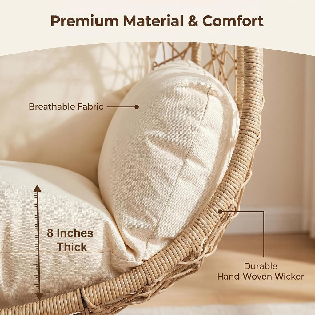 Oversized Hanging Egg Chair Outdoor Indoor, Wicker with Stand 400lbs Capacity , Garden and Balcony (Beige-nest