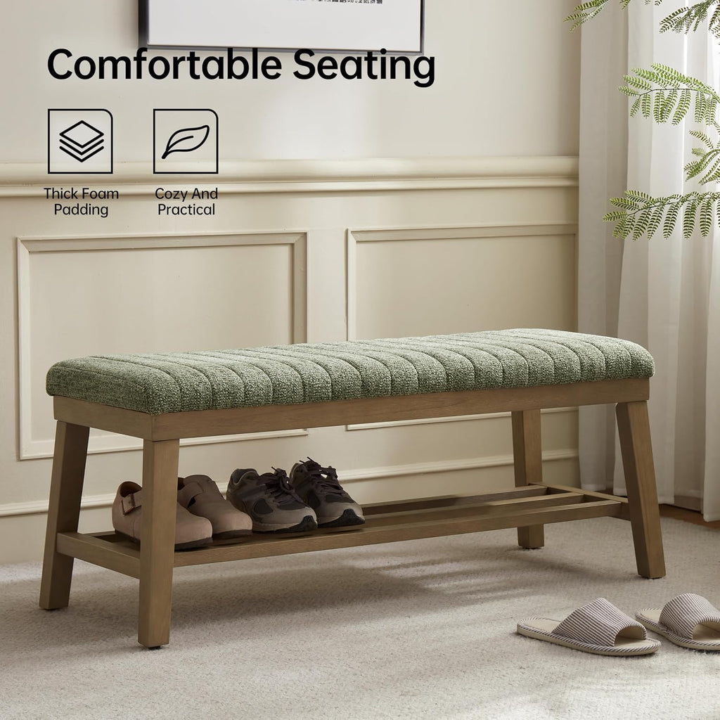 Entryway Bench, 44.4" Upholstered Storage Shoe Bench , Shoe Rack Bench with Rubberwood Legs, Modern End of Bed Bench