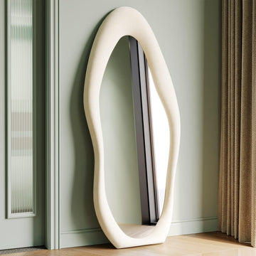 Full Length Mirror, 63" x 24" Wall Mirror, Flannel Wrapped Wooden Frame Full Body Mirror, Irregular Wavy Mirror
