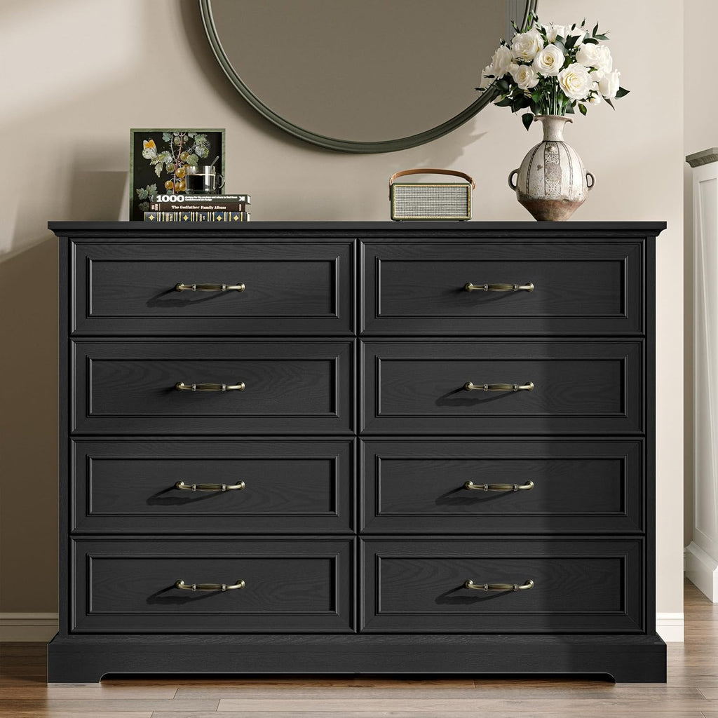 Farmhouse 8 Drawers Dresser , 48" Wide Modern Chest of Drawers with Deep Drawers & Bar Handles, Wood Dresser TV